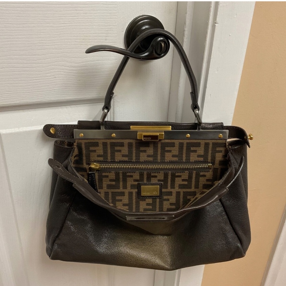 Fendi Peekaboo bag, brown leather, zucca print inside , no shoulder strap.
